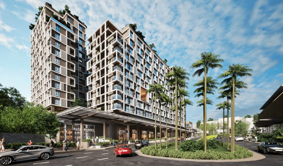 Architectural rendering of the North Grove towers and retail podium at Pristina Town