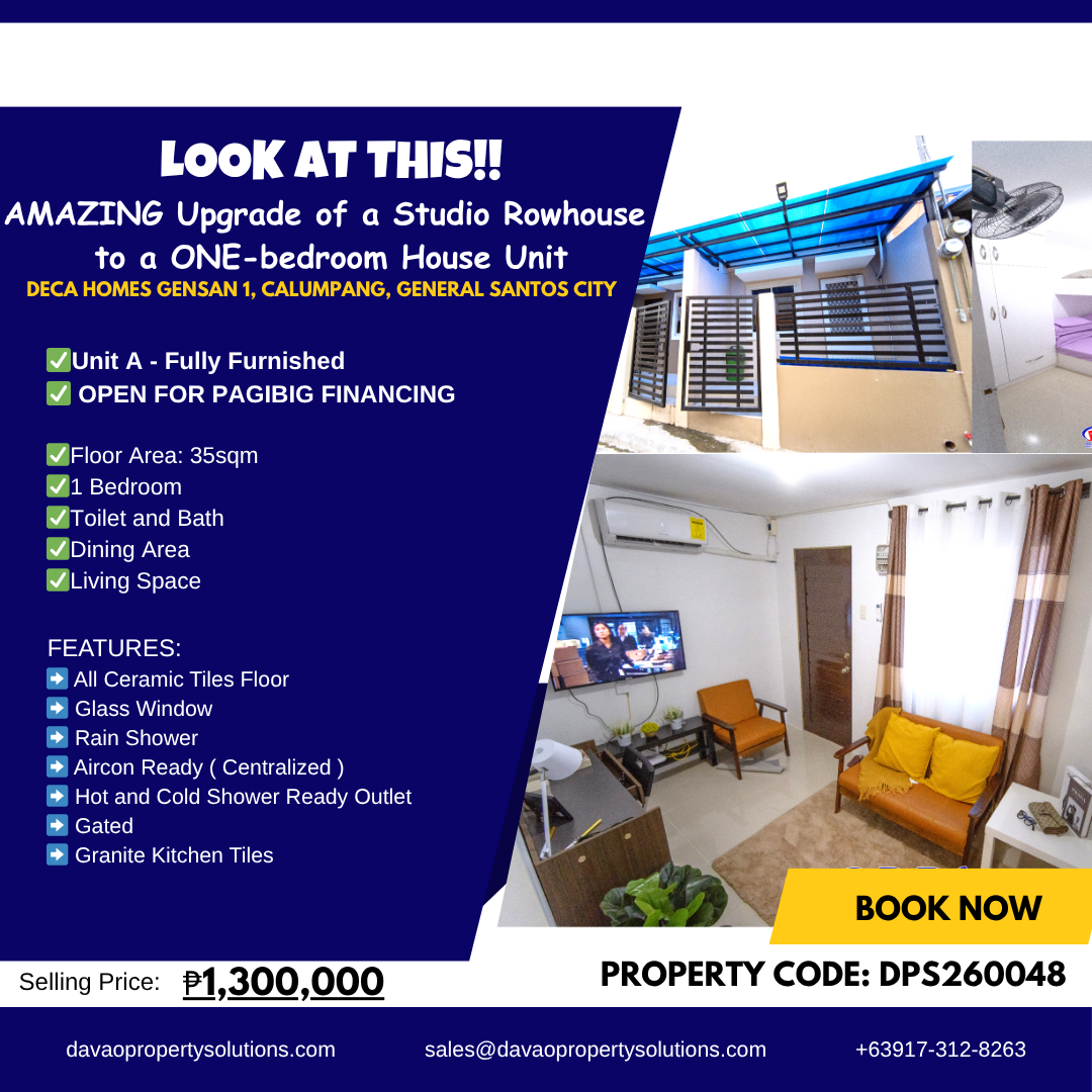 For Sale Upgraded Studio Rowhouse to 1-Bedroom Unit in Deca Homes Gensan 1, Calumpag, General Santos City