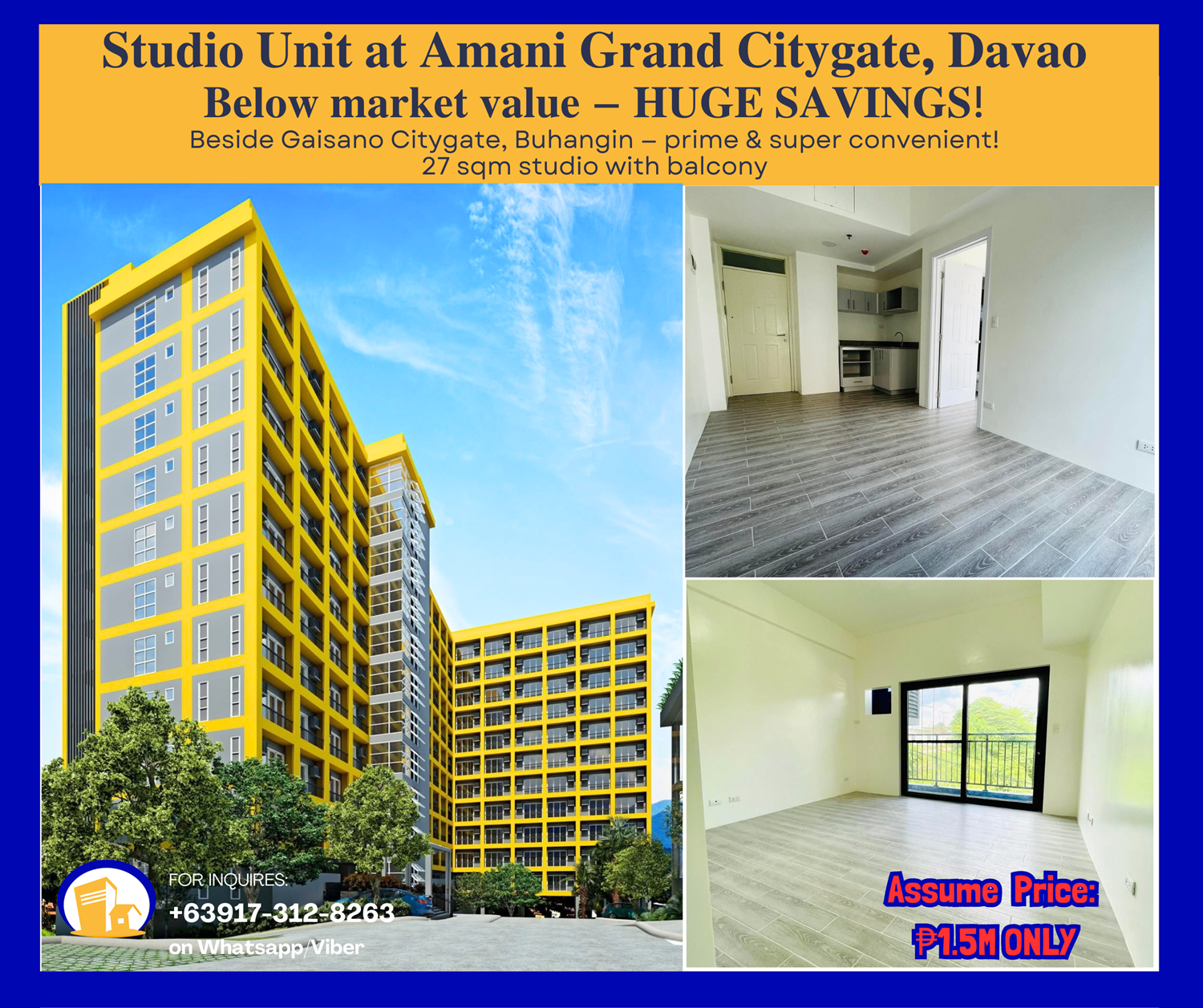 For Assume Below Market Value Studio unit in Amani Grand Citygate Davao City