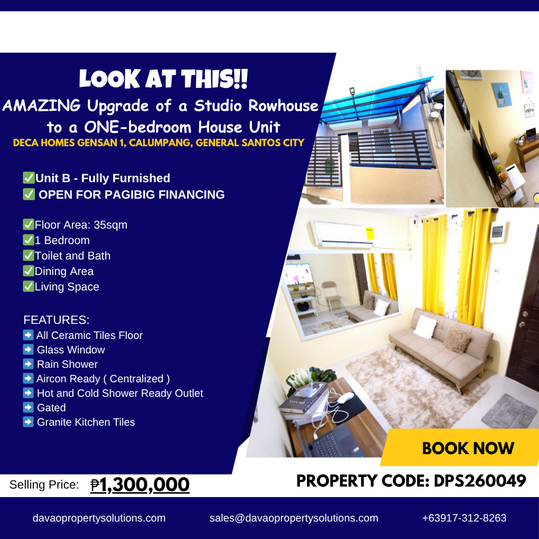 Fully Furnished 1 Bedroom Rowhouse for Sale in Deca Homes Gensan 1, Calumpang, General Santos City